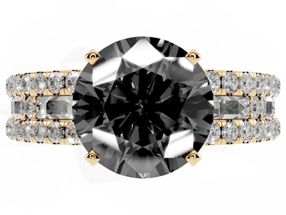 Fancy Black Round Cut Diamond Solitaire Ring with Pavé and Channel Set Band Yellow gold