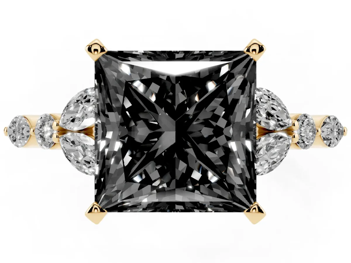 Fancy Black Princess Cut Diamond Solitaire Ring with Side Stones and Four-Prong Setting Yellow gold