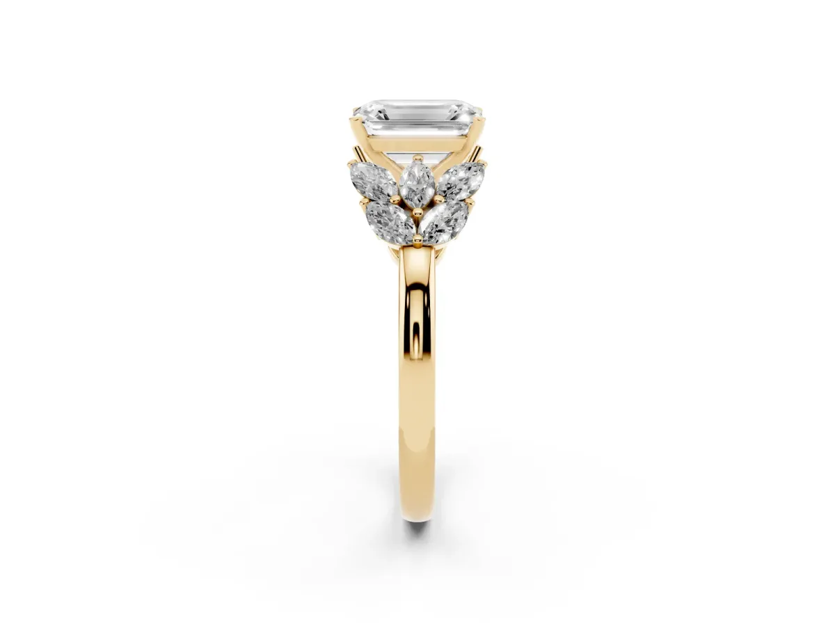 Emerald Cut Diamond Cluster Leaf Design Ring with Prong Setting Yellow gold