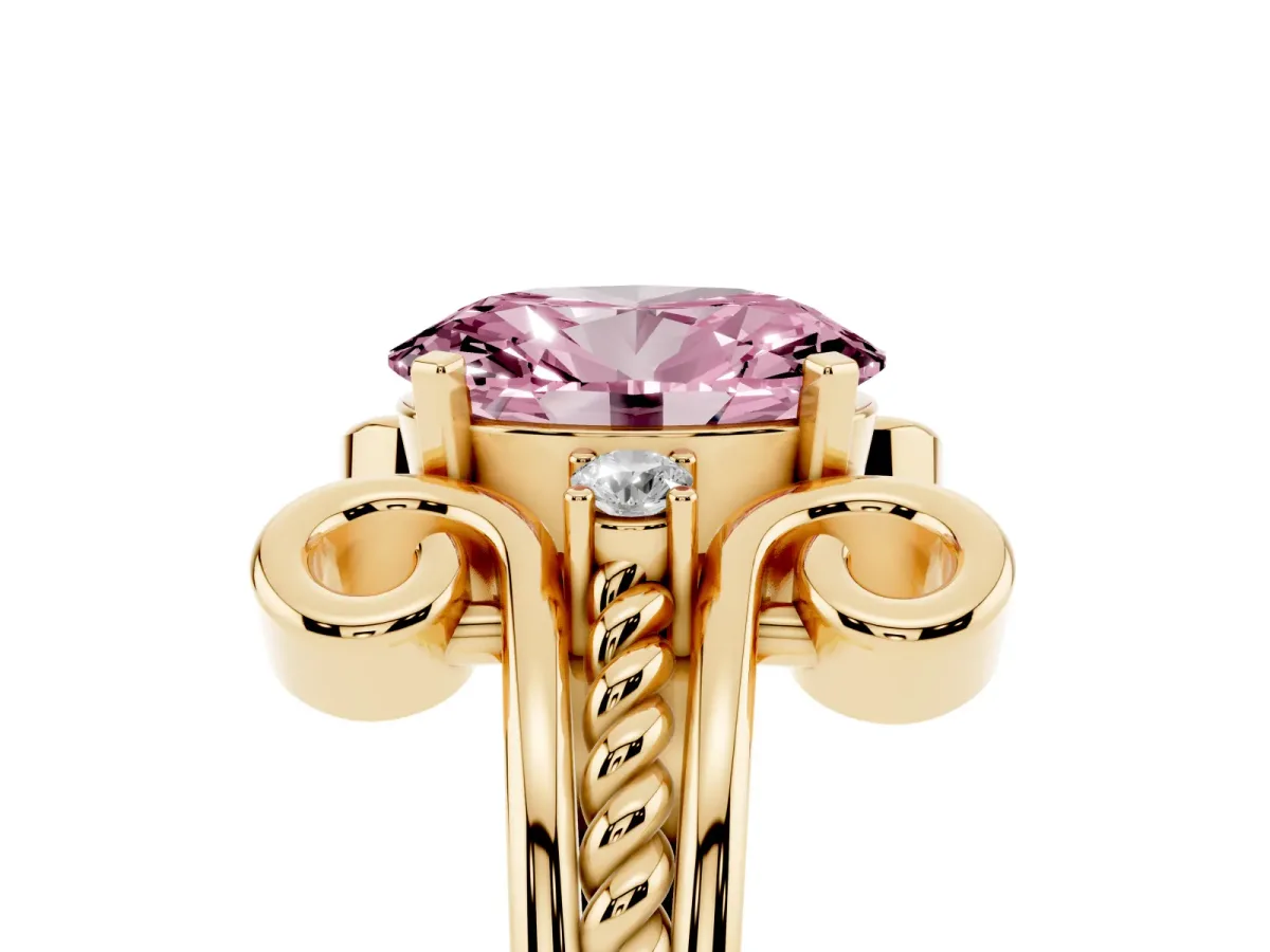 Fancy Pink Oval Cut Solitaire Twisted Band Scroll Prong Ring Yellow gold
