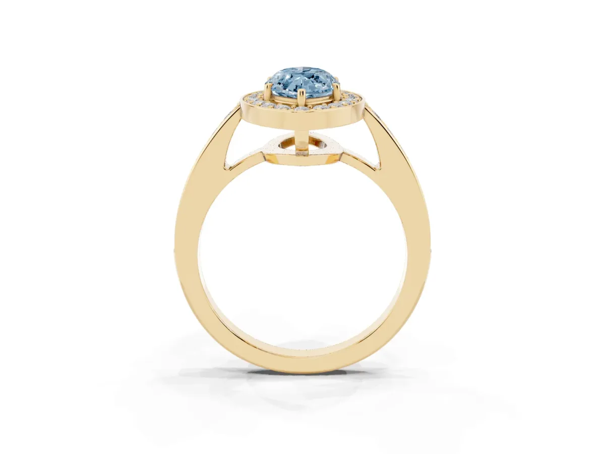 Fancy Blue Marquise Cut Halo Pavé Diamond Engagement Ring with Bezel Setting Yellow gold