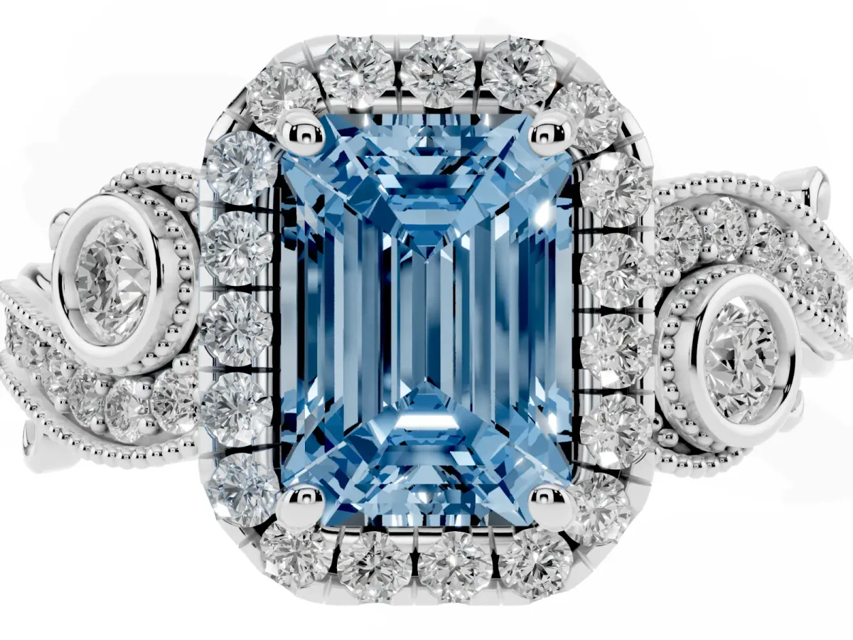 Fancy Blue Emerald Cut Diamond Halo Ring with Milgrain Pavé Band and Four-Prong Setting White gold