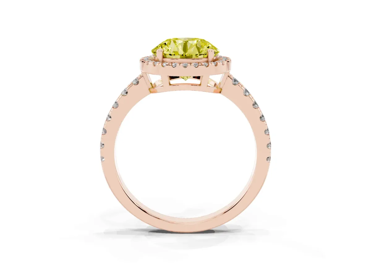 Fancy Yellow Round Cut Diamond Halo Ring with Pavé Band and Four-Prong Setting Rose gold