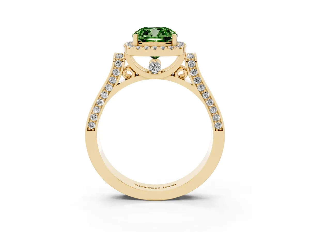 Fancy Green Cushion Cut Halo Pave Split Shank Prong Setting Ring Yellow gold