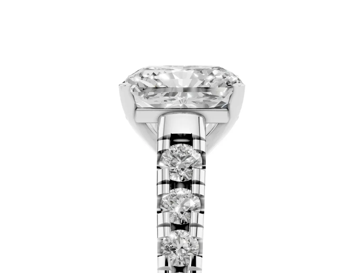 Radiant Cut Diamond Cathedral Solitaire Ring with Round Pavé Band Platinum