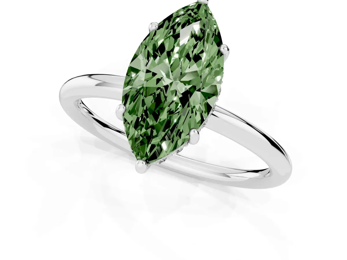 Fancy Green Marquise Cut Solitaire Diamond Ring with a Classic Band and Four-Prong Setting Platinum