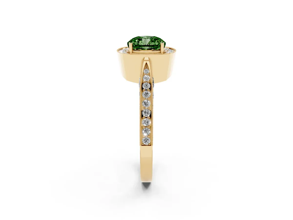 Fancy Green Cushion Cut Halo Diamond Engagement Ring with Split Shank Band and Four-Prong Setting Yellow gold