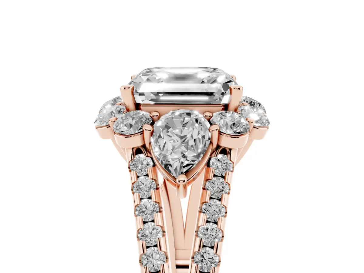 Asscher Cut Halo Split Shank Diamond Engagement Ring with Prong Setting Rose gold