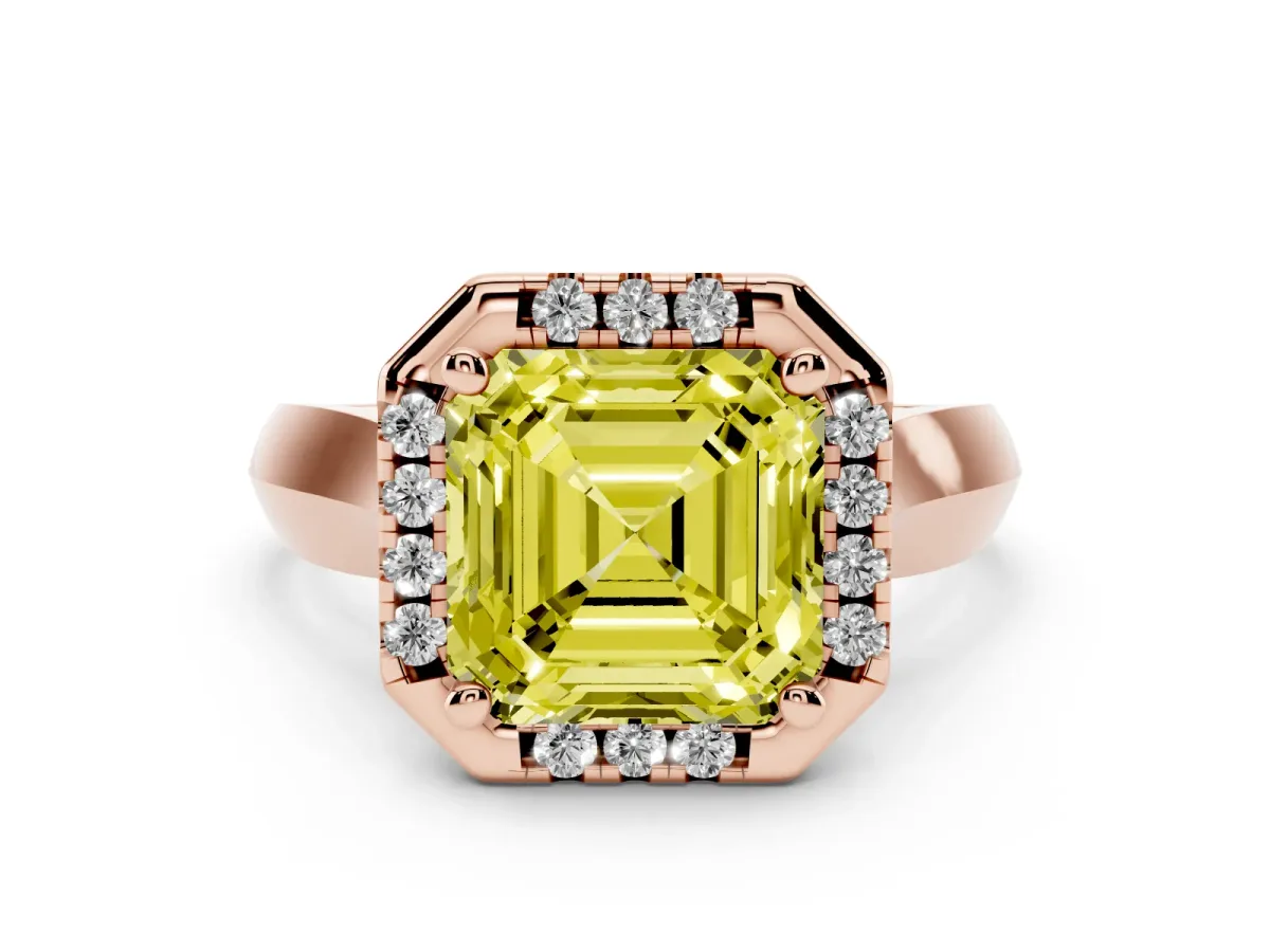 Fancy Yellow Asscher Cut Cut Halo Solitaire Engagement Ring with Square Band and Four-Prong Setting Rose gold