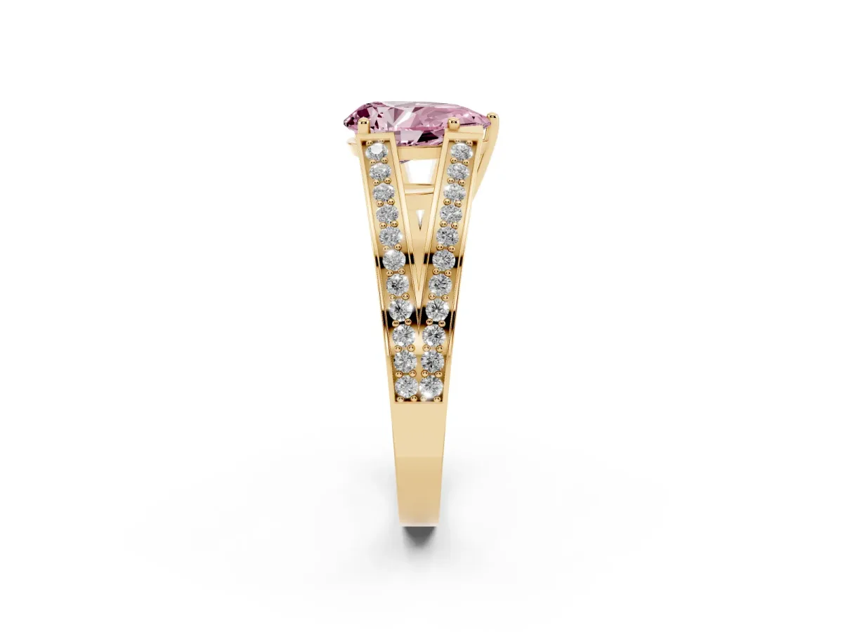 Fancy Pink Pear Cut Diamond Split Shank Ring with Pavé Band and Four-Prong Setting Yellow gold