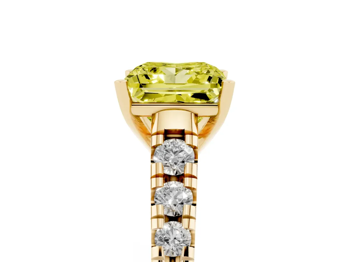 Fancy Yellow Princess Cut Diamond Cathedral Solitaire Ring with Round Pavé Band Yellow gold