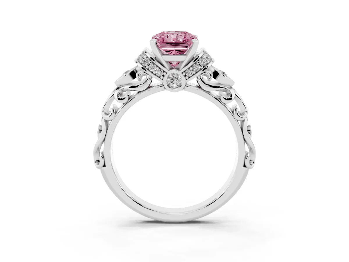 Fancy Pink Radiant Cut Diamond Solitaire Ring with Filigree Band and Four-Prong Setting Silver