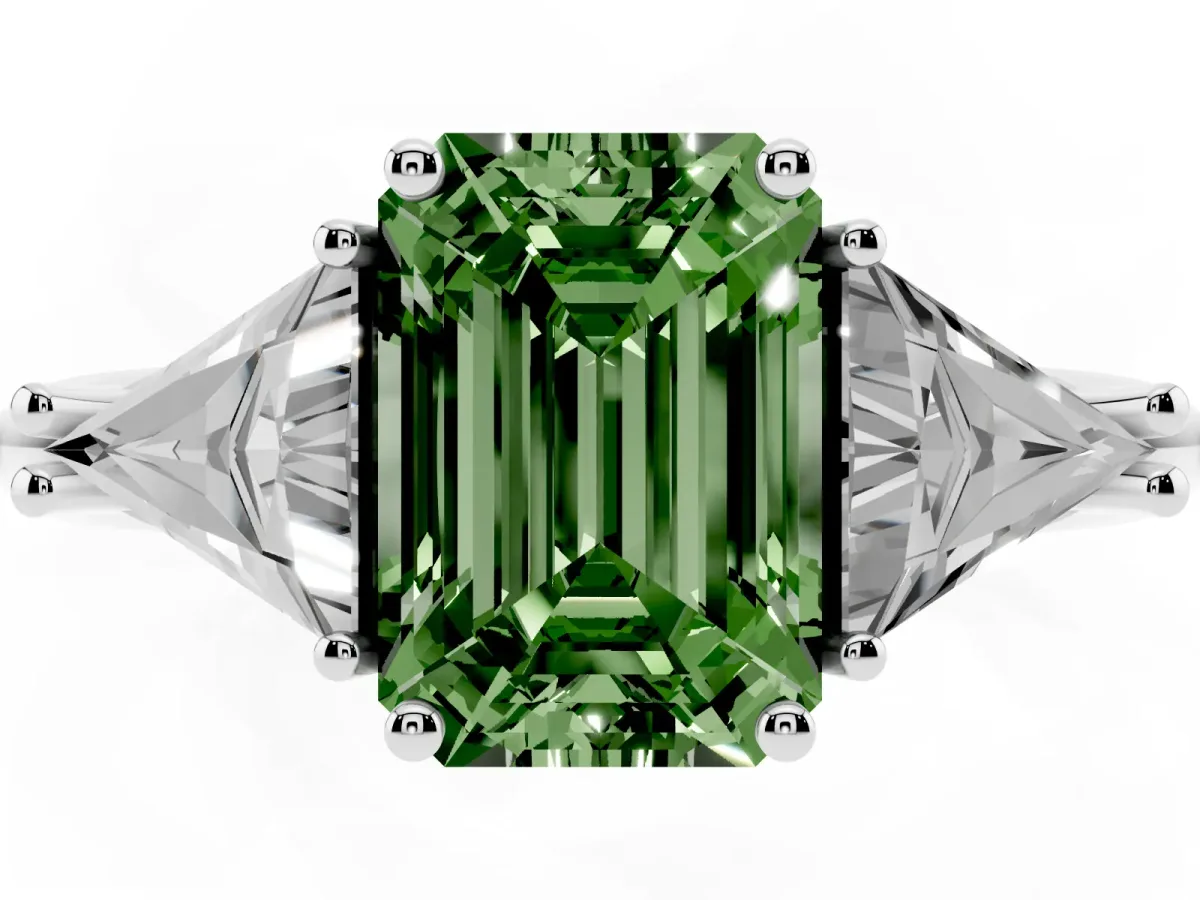 Fancy Green Three-Stone Emerald Cut Diamond Engagement Ring with Trillion Side Stones and Prong Setting Silver
