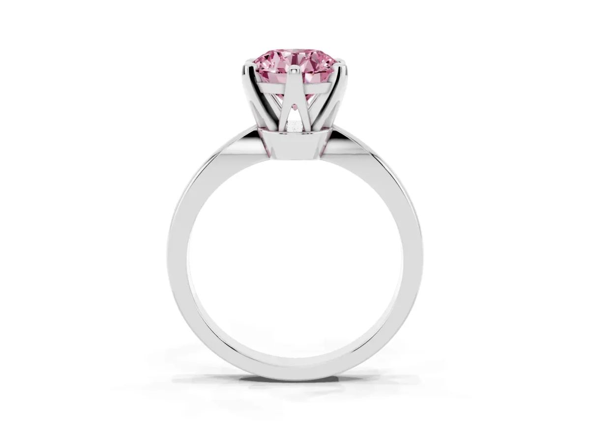 Fancy Pink Round Cut Solitaire Engagement Ring with Six-Prong Setting and Tapered Band Platinum
