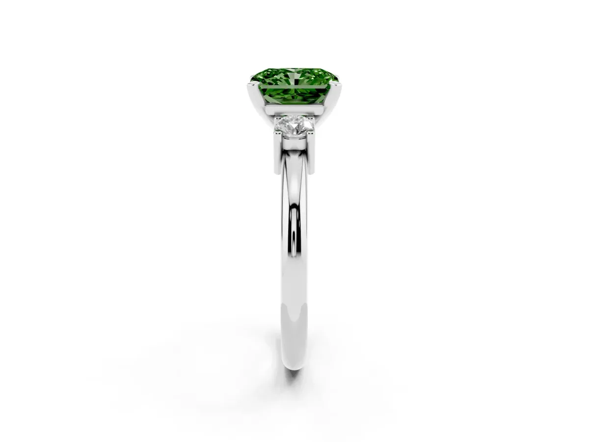Fancy Green Three-Stone Radiant Cut Cut Diamond Solitaire with Prong Setting and Classic Band Platinum