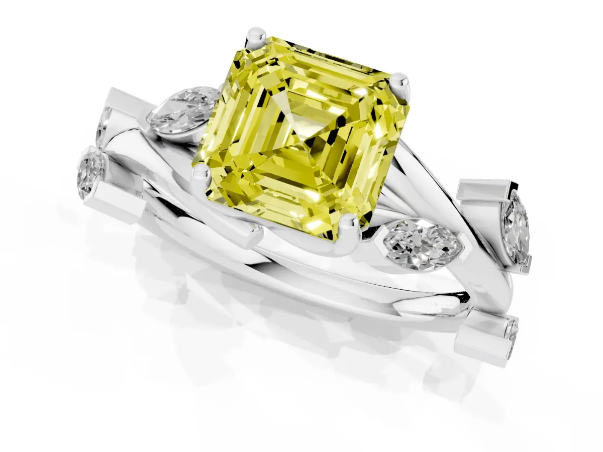 Fancy Yellow Asscher Cut Solitaire Twisted Band Marquise Accent Prong Setting Ring Platinum