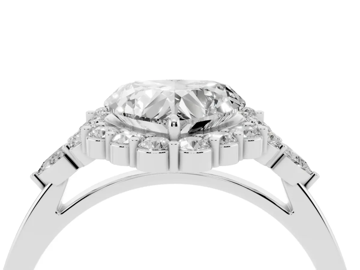 Heart Cut Diamond Halo Ring with Pear Side Stones and Prong Setting Silver