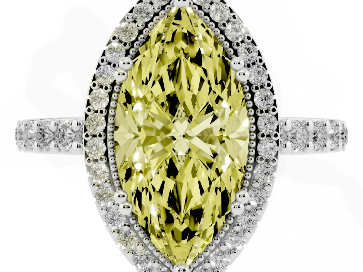 Fancy Yellow Marquise Cut Cut Diamond Halo Engagement Ring with Milgrain Detail and Pavé Band Silver