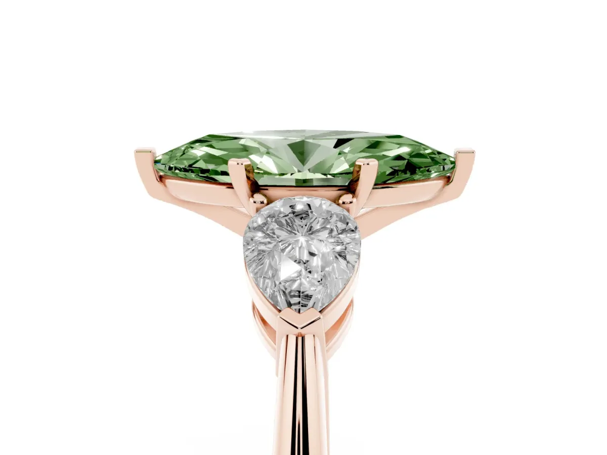 Fancy Green Three-Stone Marquise Cut Diamond Ring with Pear Side Stones and Four-Prong Setting Rose gold