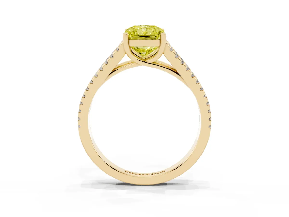 Fancy Yellow Radiant Cut Diamond Solitaire Engagement Ring with Split Shank Pavé Band Yellow gold