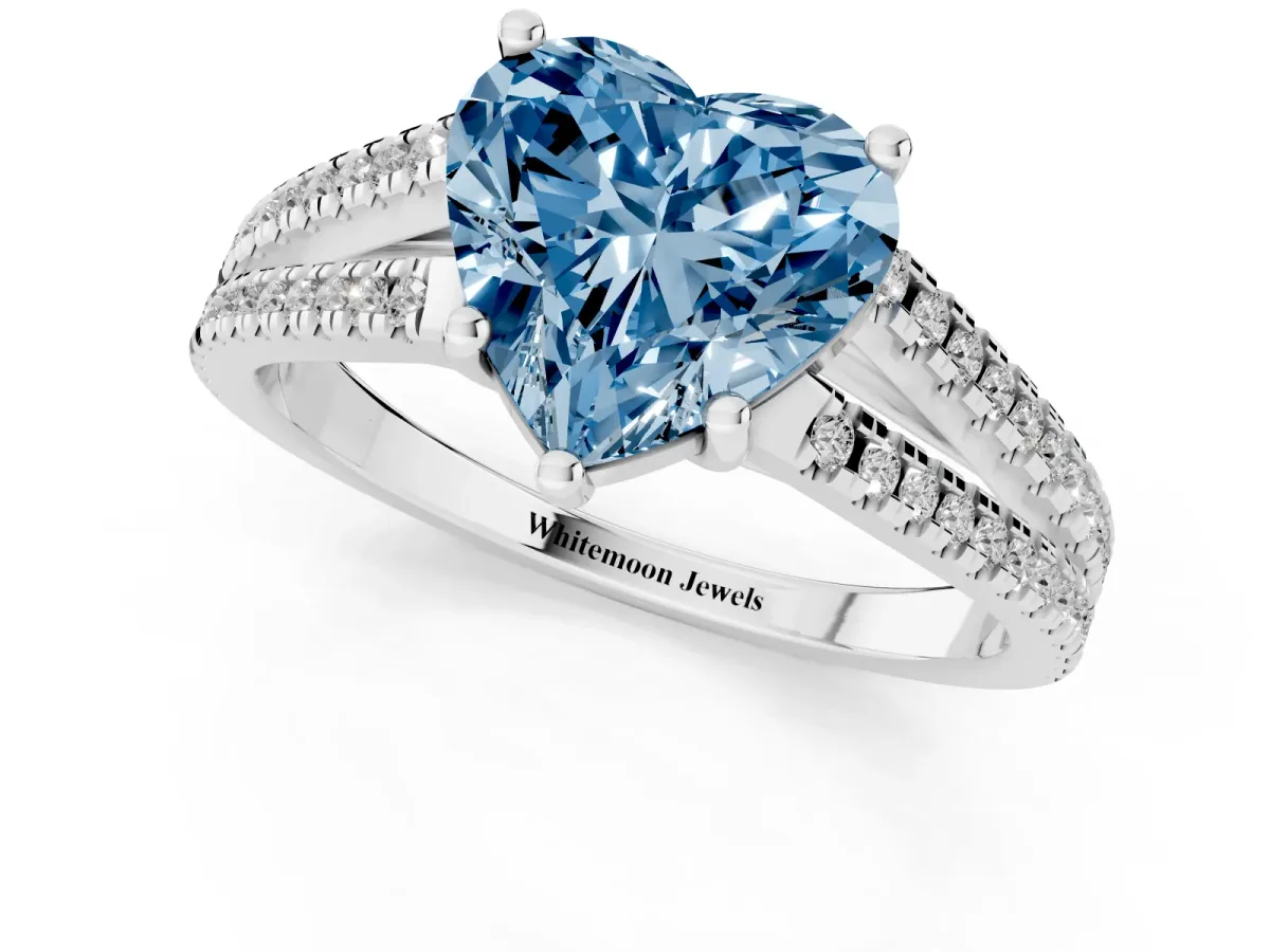 Fancy Blue Heart Cut Diamond Solitaire Engagement Ring with Split Shank Pavé Band Silver
