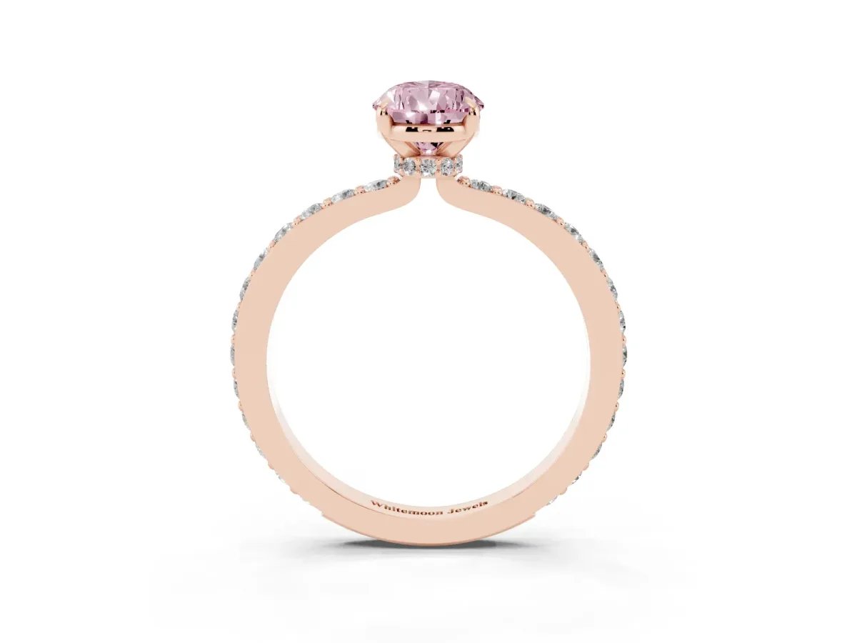 Fancy Pink Pear Cut Diamond Pavé Engagement Ring with Round Accents and Prong Setting Rose gold