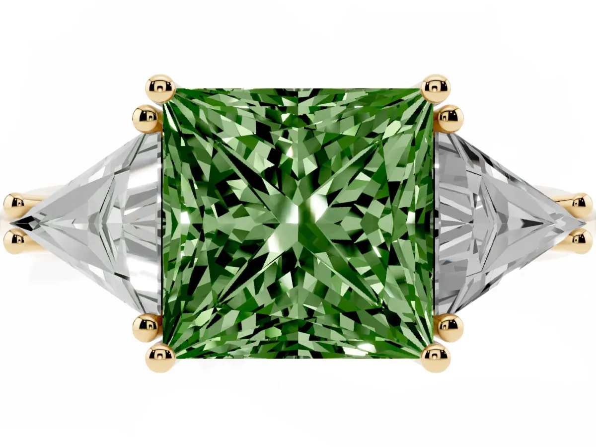 Fancy Green Three-Stone Princess Cut Diamond Engagement Ring with Trillion Side Stones and Prong Setting Yellow gold