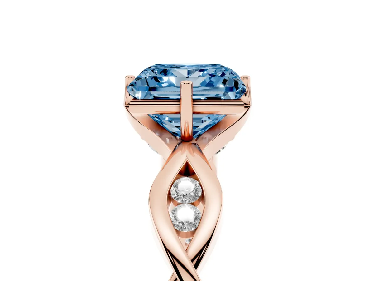 Fancy Blue Princess Cut Solitaire Twist Band with Leaf Prong Setting Rose gold