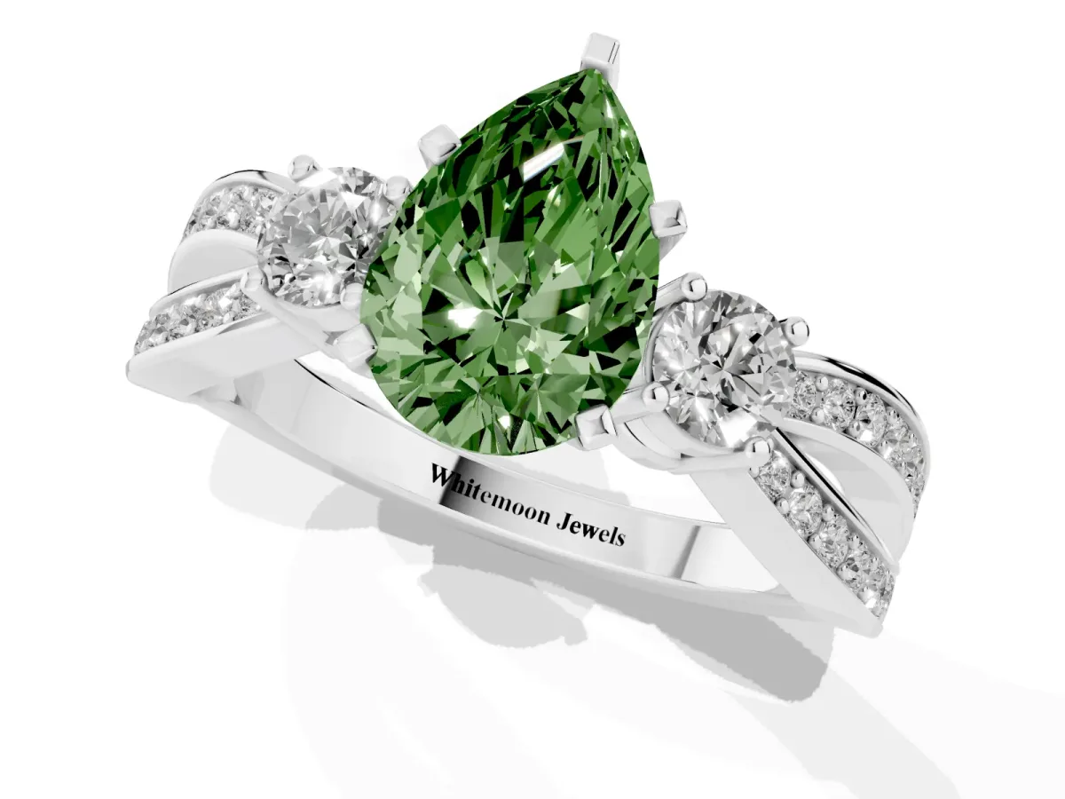 Fancy Green Three-Stone Pear Cut Cut Diamond Twist Band with Prong Setting Platinum