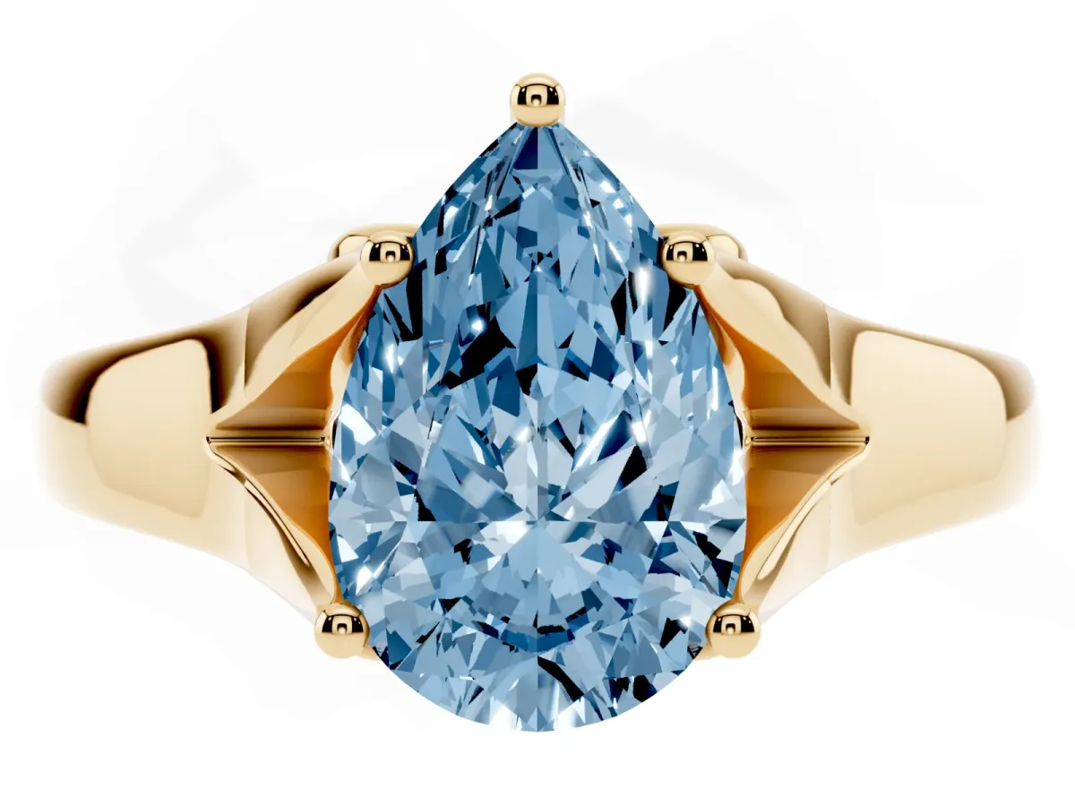 Fancy Blue Pear Cut Solitaire Diamond Ring with Cathedral Band and Four-Prong Setting Yellow gold