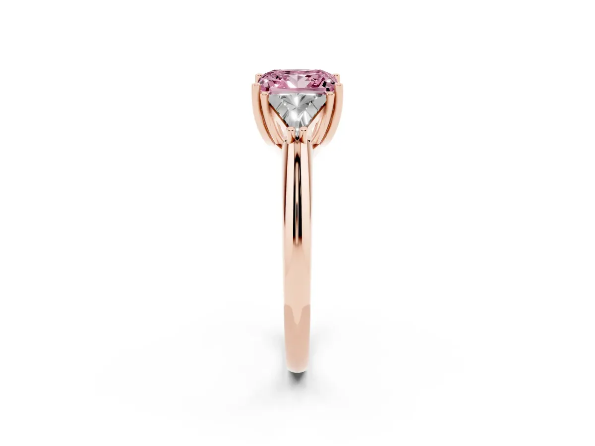 Fancy Pink Three-Stone Princess Cut Diamond Engagement Ring with Trillion Side Stones and Prong Setting Rose gold