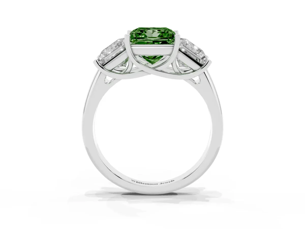 Fancy Green Three-Stone Princess Cut Diamond Engagement Ring with Prong Setting Platinum