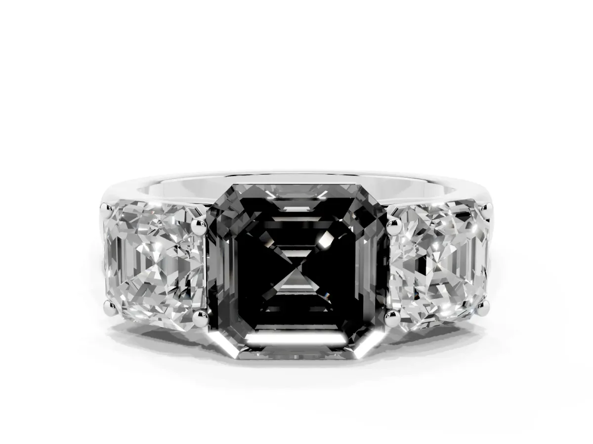 Fancy Black Asscher Cut Three-Stone Diamond Ring with Prong Setting on a Classic Band Platinum