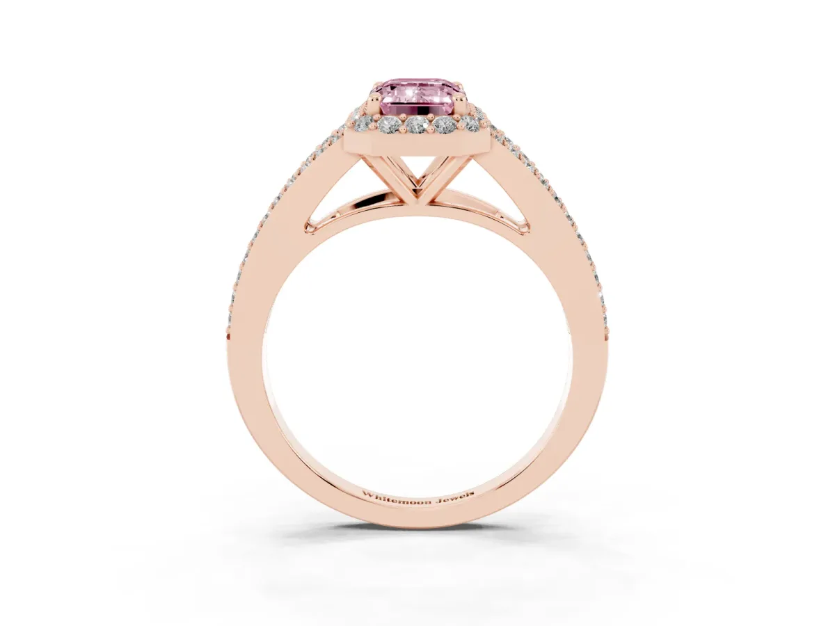 Fancy Pink Emerald Cut Halo Split Shank Diamond Ring with Prong Setting Rose gold