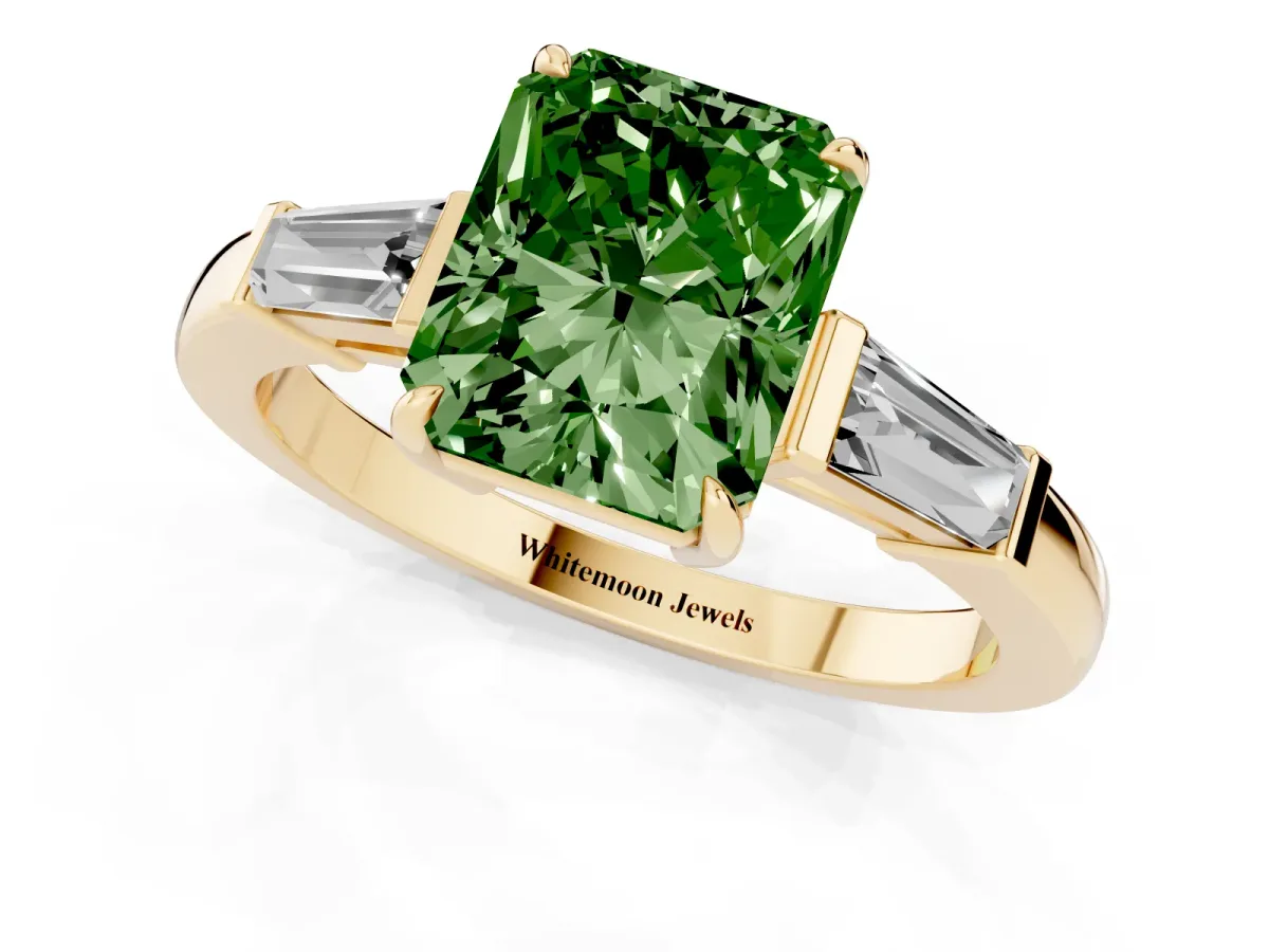 Fancy Green Radiant Cut Diamond Three-Stone Ring with Tapered Baguette Side Stones and Prong Setting Yellow gold