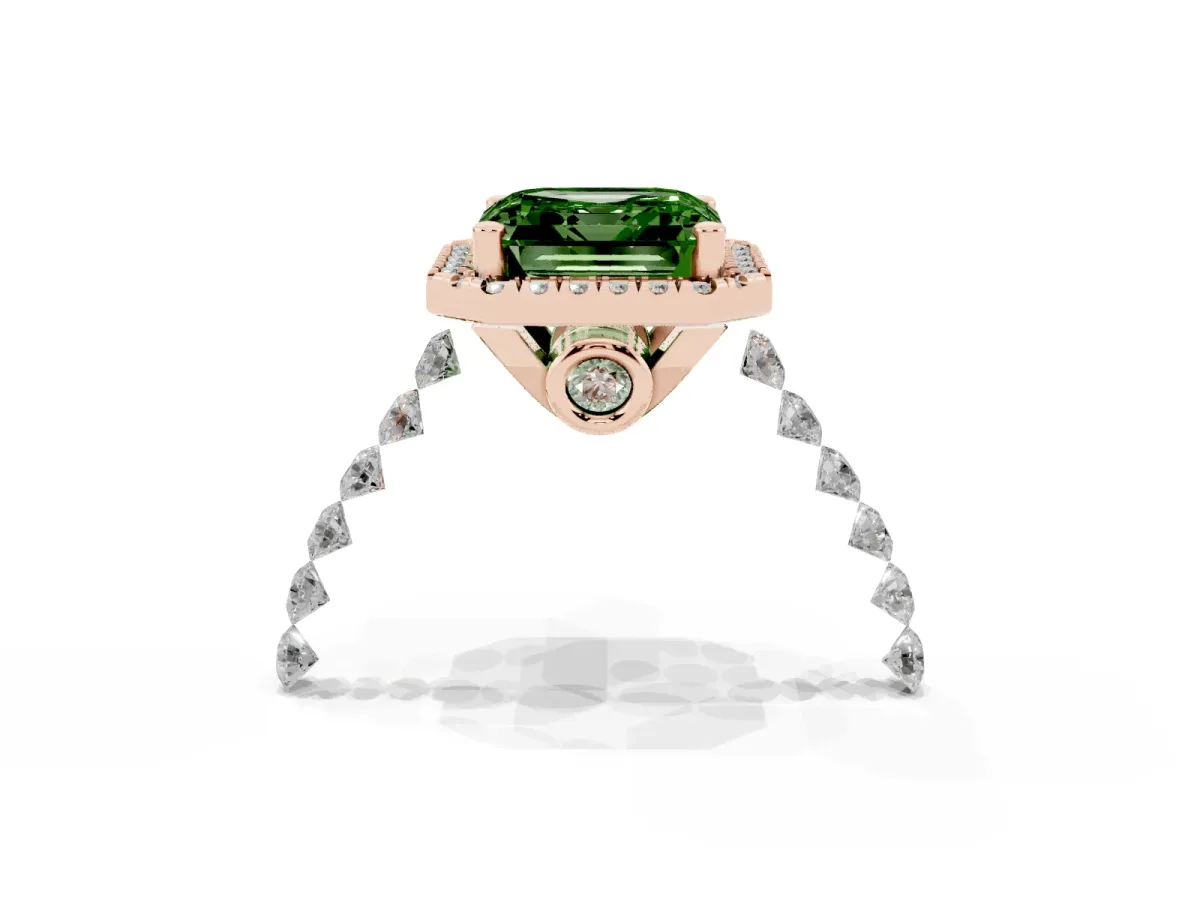 Fancy Green Asscher Cut Halo Pavé Diamond Engagement Ring with Four-Prong Setting Rose gold