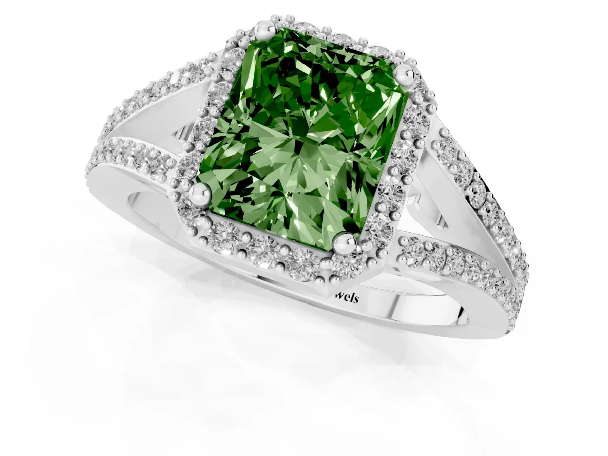 Fancy Green Radiant Cut Halo Split Shank Diamond Ring with Prong Setting Silver