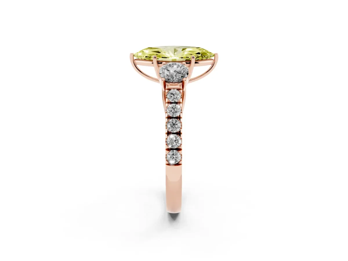 Fancy Yellow Marquise Cut Cut Diamond Three-Stone Ring with Round Side Stones and Pavé Band Rose gold