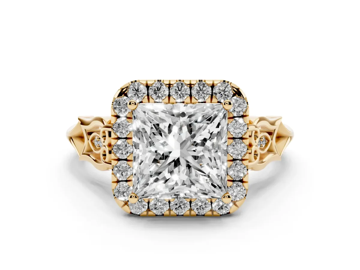 Princess Cut Halo Diamond Engagement Ring with Filigree Band and Four-Prong Setting Yellow gold