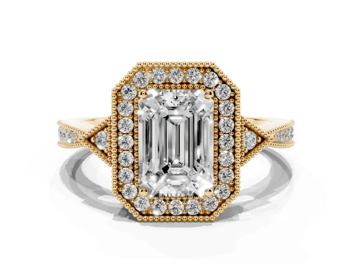 Emerald Cut Halo Round Diamond Milgrain Pave Engagement Ring Yellow gold