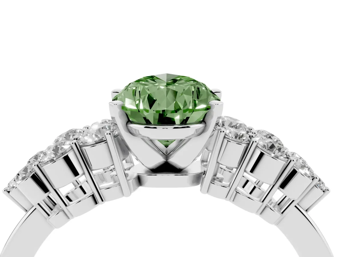 Fancy Green Pear Cut Cluster Diamond Engagement Ring with Pavé Band and Four-Prong Setting White gold