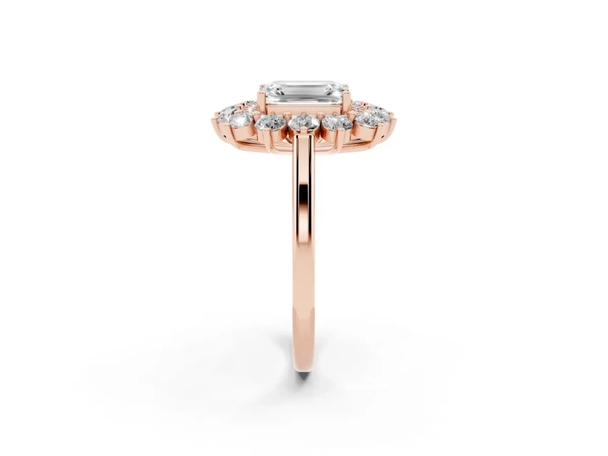 Emerald Cut Diamond Floral Double Halo Engagement Ring with Prong Setting Rose gold