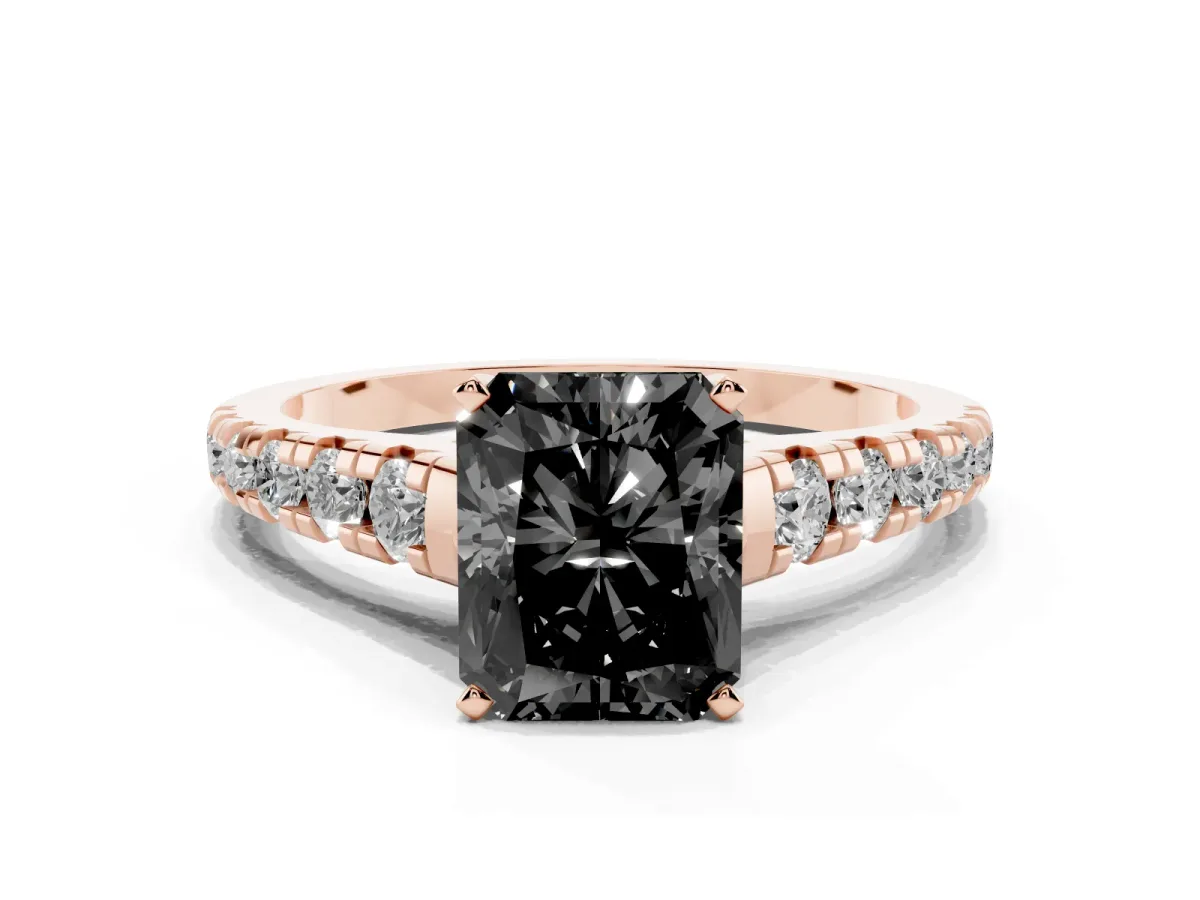 Fancy Black Radiant Cut Diamond Cathedral Solitaire Ring with Round Pavé Band Rose gold