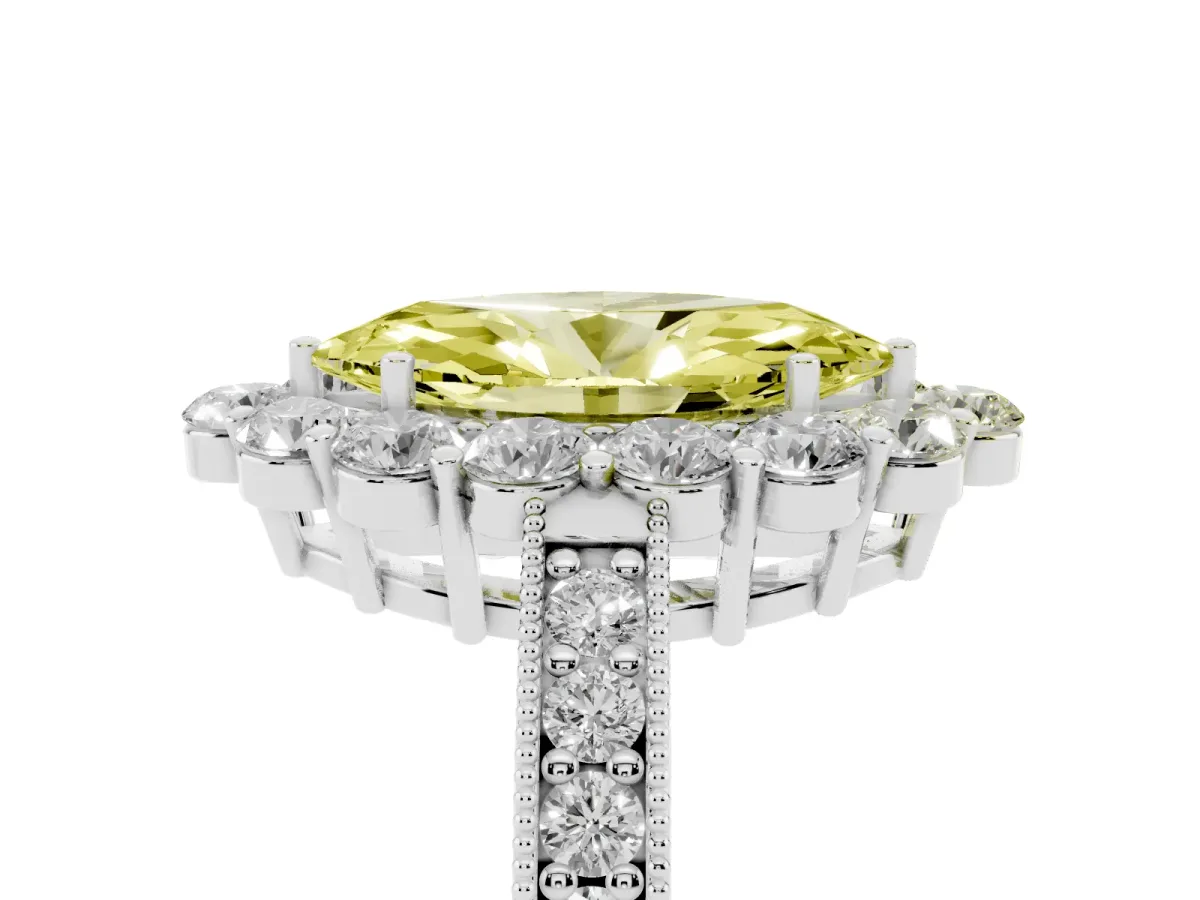 Fancy Yellow Marquise Cut Cut Halo Diamond Pavé Engagement Ring with Milgrain Detailing White gold