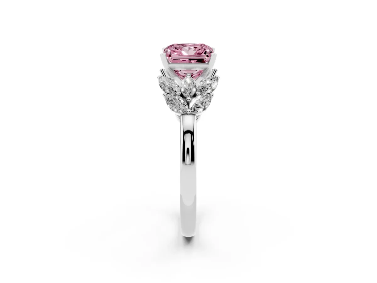 Fancy Pink Princess Cut Diamond Cluster Leaf Design Ring with Prong Setting Silver