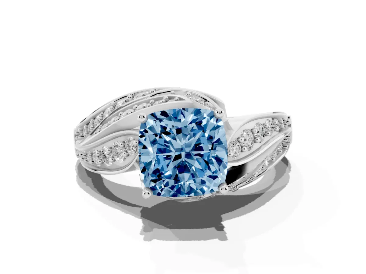 Fancy Blue Cushion Cut Diamond Solitaire Ring with Prong Setting and Twisted Pavé Band Silver
