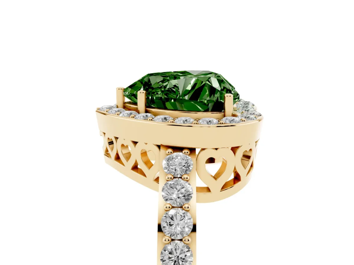 Fancy Green Heart Cut Halo Diamond Pavé Band Ring with Prong Setting Yellow gold