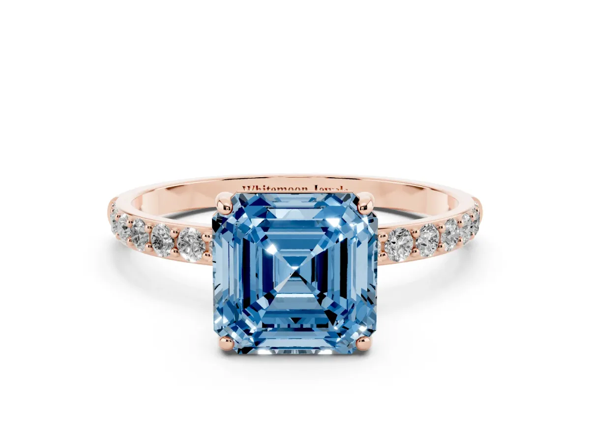 Fancy Blue Asscher Cut Diamond Solitaire Ring with Round Pavé Shoulders and Prong Setting Rose gold