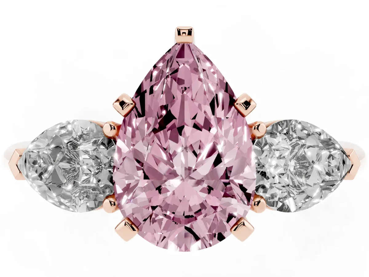 Fancy Pink Three-Stone Pear Cut Diamond Ring with Pear Side Stones and Four-Prong Setting Rose gold