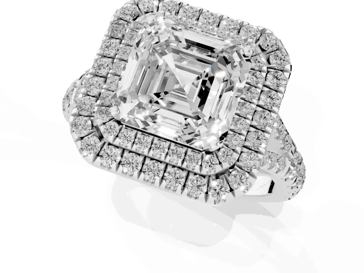 Asscher Cut Cut Double Halo Split Shank Diamond Ring with Prong Setting Silver
